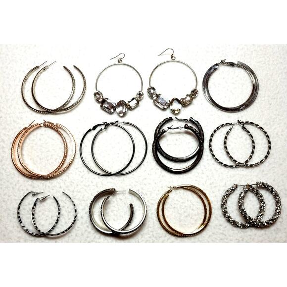 Hoops Earrings Lot 2-2.5" Rhinestones Silvertone Goldtone Y2K Streetwear Baddie - Picture 1 of 5